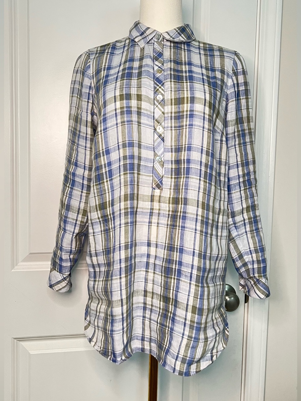 J.Jill Love Linen Shirt Womens XS Petite Plaid 3/4 Sleeve Pullover Tunic Top